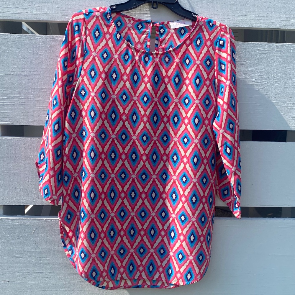 Peach Love California tunic top pink blue diamond pattern Small - Picture 6 of 16